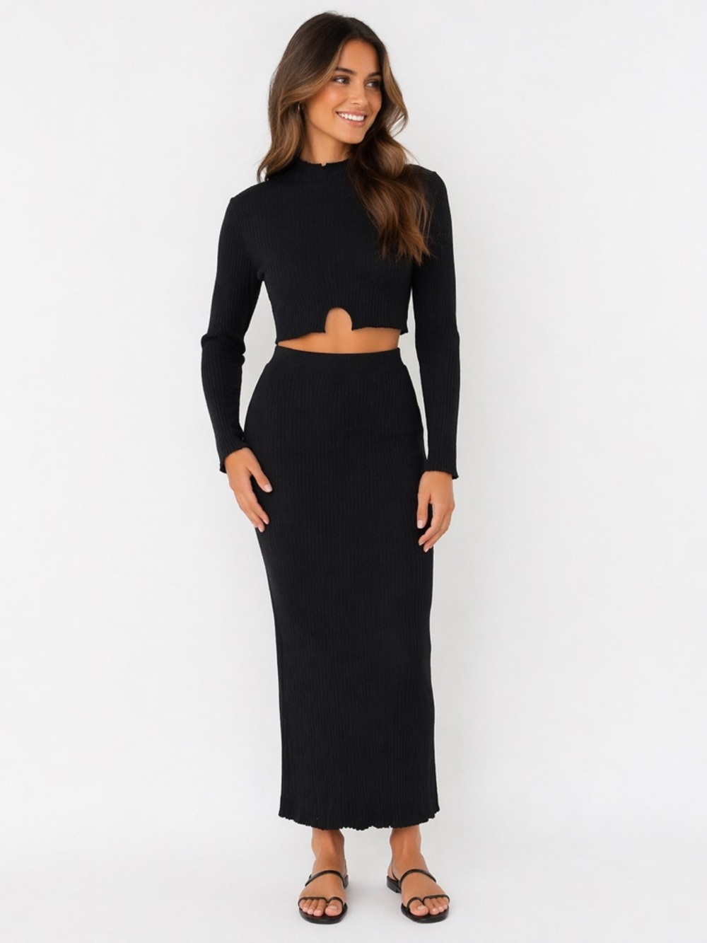 Free People/Are You Am I Black Ribbed Maxi Skirt Set